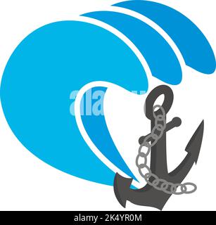 Symbole marin vecteur isométrique. Ancre de navire avec chaîne sous la grande vague de l'océan. Concept de navigation maritime, équipement de navire Illustration de Vecteur