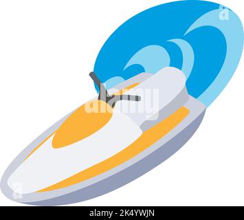 Vecteur isométrique de l'icône de jet ski. Nouveau jet blanc jaune moderne et grande vague de mer. Scooter des mers, hydrocycle, motomarine, concept de loisirs actifs Illustration de Vecteur