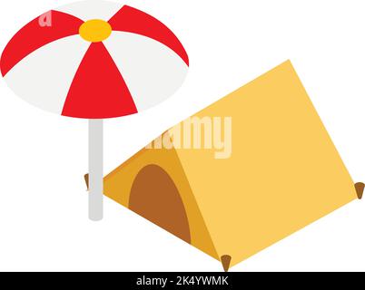 Icône Camping vecteur isométrique. Tente touristique jaune ouverte et icône de parasol de plage. Camping sauvage, écotourisme, loisirs de plein air Illustration de Vecteur