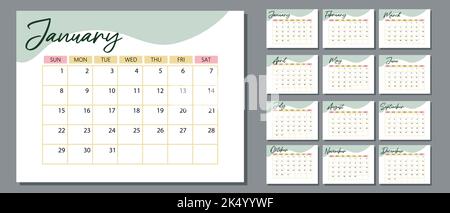 Calendrier 2023. Ensemble de 12 pages de calendrier de bureau. Conception du calendrier pour l'impression du modèle Illustration de Vecteur
