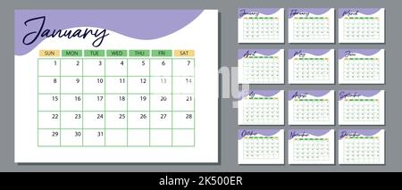 Année civile 2023. Ensemble de 12 pages de calendrier de bureau. Conception du calendrier pour l'impression du modèle Illustration de Vecteur