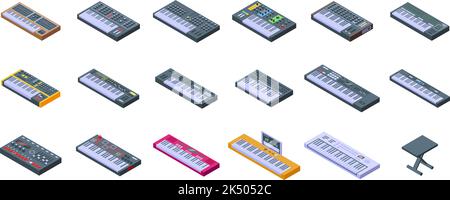 Les icônes du synthétiseur définissent le vecteur isométrique. Son acoustique. Piano Illustration de Vecteur