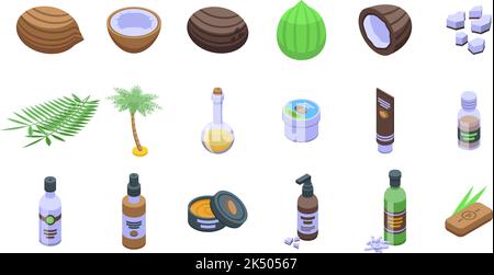 Les icônes cosmétiques noix de coco définissent un vecteur isométrique. Huile de lait. Beurre de coco Illustration de Vecteur