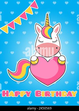 Carte de vœux Joyeux anniversaire. Une jolie licorne est dotée d'un cœur rose. Illustration vectorielle plate de dessin animé. Illustration de Vecteur