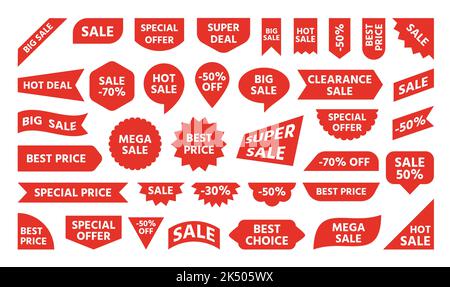 Meilleur choix nouvelle grande bannière de vente. Ruban rouge étiquette de prix modèle d'étiquette de réduction avec texte publicitaire. Bannières de vente au détail de l'offre spéciale d'achat à plat, message de note de promotion à chaud pour le consommateur Illustration de Vecteur