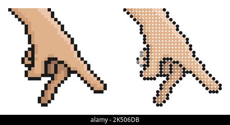 Icône pixel. La main humaine montre frapper le ballon. Geste de jouer avec un petit ballon sur une table ou un terrain de sport jouet. Vecteur de jeu rétro simple isolé sur W Illustration de Vecteur
