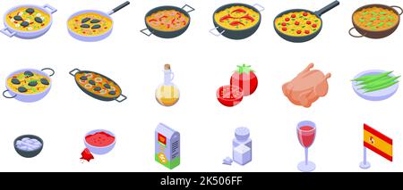 Les icônes paella définissent le vecteur isométrique. Faire cuire au plat. Cuisine Illustration de Vecteur