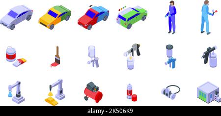 Les icônes de peinture de voiture définissent le vecteur isométrique. Garage de pulvérisation. Corps de la machine Illustration de Vecteur