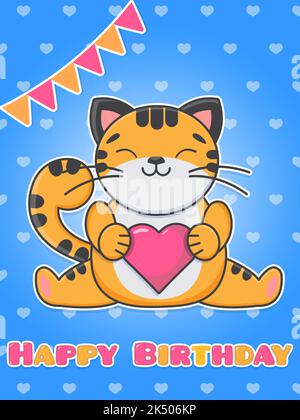 Carte de vœux Joyeux anniversaire. Le chat mignon tient un coeur rose. Illustration plate de dessin animé. Illustration de Vecteur