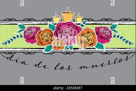 Roses dessinées à la main et bougies en papier style couche pour dia de los muertos Illustration de Vecteur