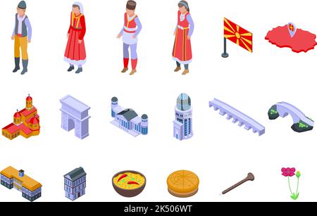 Les icônes de Macédoine définissent le vecteur isométrique. Skopje pays. Célébration de l'euro Illustration de Vecteur