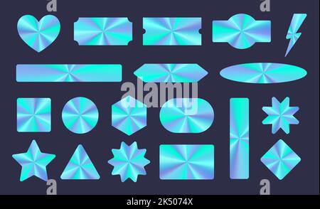 Jeu d'autocollants holographiques, étiquettes hologrammes. Emblèmes de gradient coniques métalliques. Illustration de Vecteur