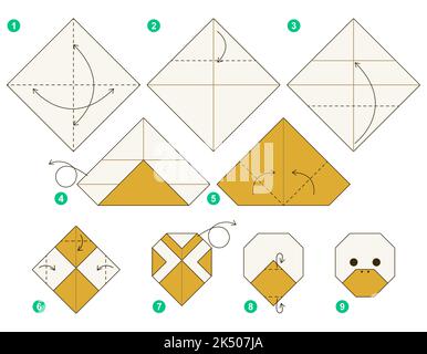 Tutoriel Origami. Jeu d'origami pour les enfants. Canard. Illustration de Vecteur