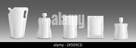 Récipients en plastique vierges, sachets blancs avec couvercles pour aliments liquides, cosmétiques et détergents. Maquette vectoriel réaliste de 3D packs doy flexibles isolés sur fond transparent Illustration de Vecteur