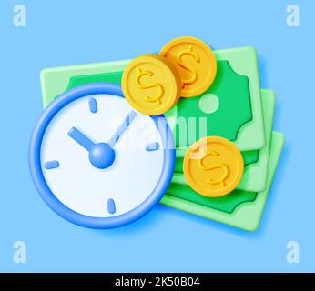 3D horloge avec billets et pièces en dollars Illustration de Vecteur