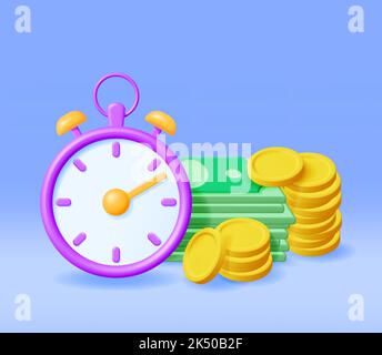 3D horloge avec billets et pièces en dollars Illustration de Vecteur