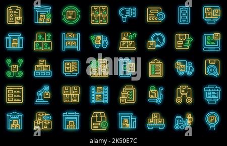 Les icônes d'optimisation d'inventaire définissent le vecteur de contour. Gestion de l'emplacement. Livraison vecteur néon Illustration de Vecteur