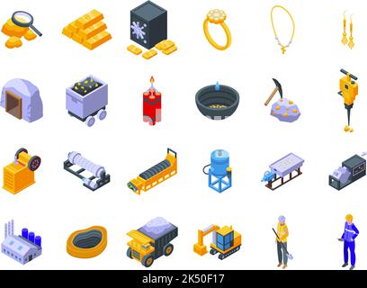 Les icônes d'exploitation aurifère définissent le vecteur isométrique. La mine d'or. Charbon plus mineur Illustration de Vecteur