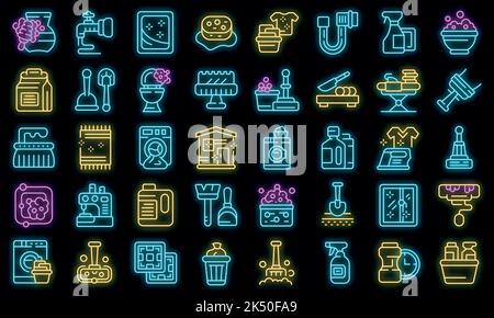 Les icônes des professions de ménage définissent le vecteur de contour. Nettoyer la surface. Vecteur hygiène sanitaire néon Illustration de Vecteur