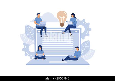 les jeunes programmeurs encodent le site web sur l'ordinateur portable à partir de la ligne de commande, l'administrateur système tente de pirater le système, travail d'équipe vecteur plat illu Illustration de Vecteur