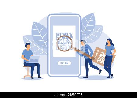 Concept de lecture de code QR, montrant le code de lecture de personnes à l'aide d'un smartphone, adapté à la page d'arrivée, à l'interface utilisateur, au Web, à la carte d'introduction d'application et à d'autres design moderne et plat Illustration de Vecteur