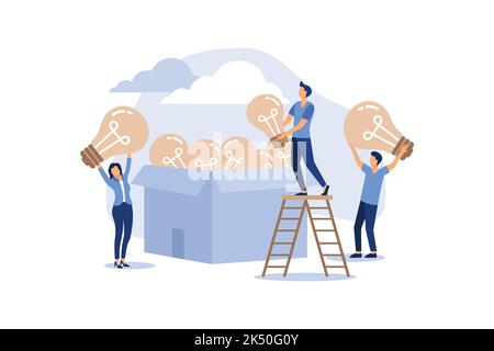 remue-méninges, idée sous la forme d'une ampoule d'abstraction, un groupe de personnes a grimpé sur des ampoules éteintes illustration de conception moderne plate Illustration de Vecteur