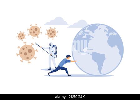 Business Flat Vector concept les gens poussent le monde loin de l'attaque de virus corona. Illustration du papier peint, de la bannière, de l'arrière-plan, de l'infographie, du livre, W Illustration de Vecteur