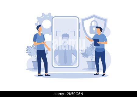 Concept de la technologie de reconnaissance faciale, montrant une application mobile dotée de fonctionnalités biométriques de détection faciale, adapté à la page d'arrivée, à l'interface utilisateur, au Web, à l'application Illustration de Vecteur