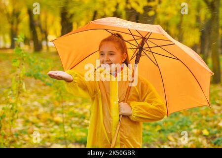 Un enfant heureux qui attrape des gouttes de pluie dans le parc d'automne Banque D'Images