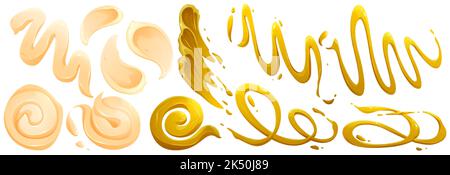 Taches et éclaboussures de mayonnaise et de moutarde. Ensemble de dessins animés vectoriels de déversements et bandes de crème, sauce au fromage, mayonnaise et barbecue isolés sur bac blanc Illustration de Vecteur