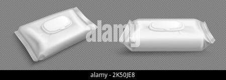 Paquet de lingettes humides, modèle de paquet de serviettes antibactériennes en plastique. Vue frontale et d'angle de la boîte blanche vierge. Papier toilette Realistic 3D vector film cosmétique Illustration de Vecteur