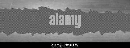 Trou de découpe métallique, cadre horizontal avec bords irréguliers. Bordure fissurée, dommages de coupe sur la tôle ou la plaque d'acier. Élément de conception déchiré isolé sur le dos transparent Illustration de Vecteur