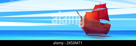 Cartoon vieux bateau en bois avec des voiles écarlate flottant sur la surface paisible de la mer. Illustration vectorielle d'un navire rétro naviguant sous un ciel bleu clair. Symbole Illustration de Vecteur