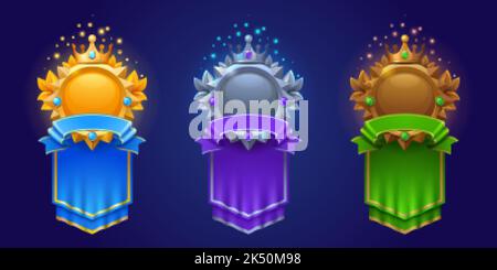 Cadres de jeu pour avatar ou taux de niveau. Badges vides en or, argent et bronze avec bannières royales et icônes d'interface utilisateur. Éléments graphiques bonus isolés, récompense Illustration de Vecteur