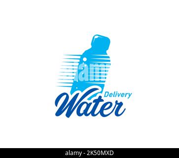 Icône de distribution d'eau. Affiche de distribution d'eau minérale propre, eau potable en bouteille propre symbole de service de livraison rapide ou emblème avec bouteille jetable en plastique rapide mobile Illustration de Vecteur