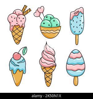 Ensemble de dessin animé crème glacée. Collection de desserts laitiers froids dessinés à la main. Crème glacée dans un bol, un cône, un popsicle, dans une illustration vectorielle isolée en glaçure Illustration de Vecteur