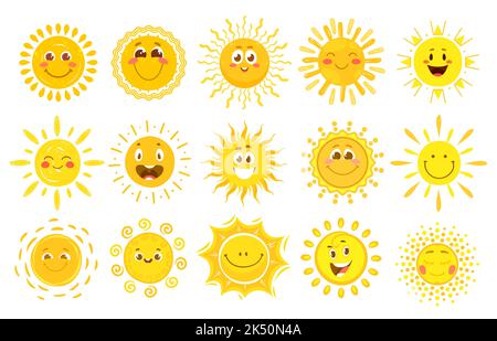 Sourires de soleil, personnages mignons de soleil, visages de dessin animé d'été heureux, icônes de vecteur. Printemps soleil émoticônes temps et émotiji soleil dans le dessin jaune Doodle, drôle soleil joie émotions personnages Illustration de Vecteur