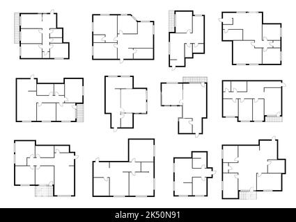 Plans d'appartement, aménagement de l'étage et de la maison, plan d'étage de la maison vectorielle. Plan d'architecture du projet intérieur d'appartement, modèle d'impression bleu technique d'architecte avec vue de la ligne murale pour la planification Illustration de Vecteur