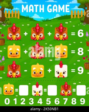 Personnages de poule carrée, de poulet et de coq. Feuille de calcul de jeu mathématique. Enfants activité mathématique de jeu, enfant maths ajout jeu feuille de travail de vecteur avec les oiseaux de ferme, les poules drôles et les coqs Illustration de Vecteur