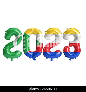 3D illustration de ballons de 2023 ans avec drapeau des Comores isolé sur fond blanc Banque D'Images