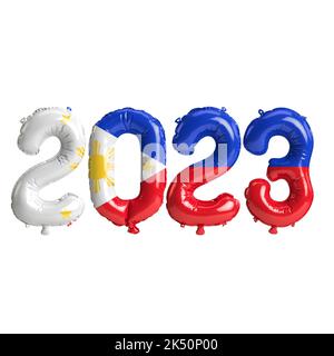 3D illustration de ballons de 2023 ans avec drapeau des Philippines isolé sur fond blanc Banque D'Images