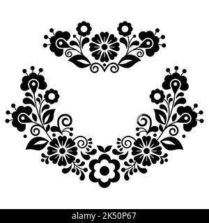 Collection mexicaine de motifs floraux vectoriels, éléments de design traditionnel avec fleurs et feuilles en noir et blanc Illustration de Vecteur