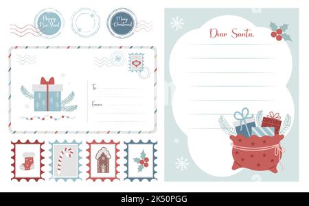 Ensemble de modèles de Noël. 2023 nouvel an, lettre au Père Noël, enveloppe postale, sceaux et timbres-poste. Ensemble vectoriel pour la décoration de cartes de Noël Illustration de Vecteur