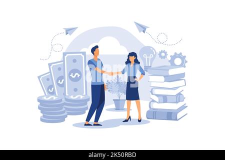 l'entreprise est responsable d'une équipe réussie. L'investisseur détient de l'argent dans les idées. Financement de projets créatifs. Femme et homme affaires poignée de main plat moderne de Illustration de Vecteur