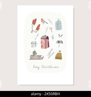 Carte de Noël mignonne à la main, invitation. Ensemble de styles de vie d'hiver et de symboles culinaires. Casquette tricotée, gants, boîtes-cadeaux. Maison rouge, oiseau de finch Illustration de Vecteur