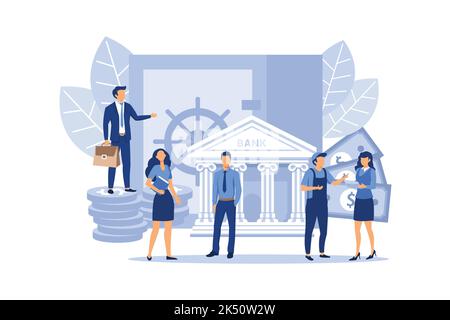coffre-fort bancaire fermé, dollars dans un coffre-fort et un sac d'argent, épargne coffre-fort, un dépôt d'argent, employés de banque, investir de l'argent sur un compte à vecteur plat il Illustration de Vecteur