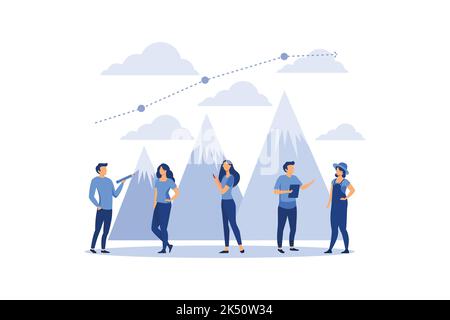 les gens d'affaires conquéront la montagne. métaphore le chemin vers le but et la répartition des sièges entre les participants. croissance de carrière visible, plat Illustration de Vecteur