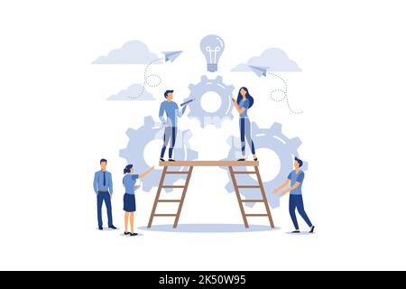 Illustration de vecteur de concept d'affaires, peu de gens lancent un mécanisme pour réaliser des idées, une ampoule brille apparaît une idée, un symbole de c Illustration de Vecteur