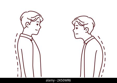 Comparaison de l'homme avec la bonne et mauvaise posture de dos. Les hommes souffrent de scolisose du travail sédentaire. Illustration vectorielle. Illustration de Vecteur