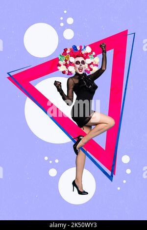 Image de collage créatif vertical de la danse heureuse célébrant la victoire calavera catrina muoerto costume femme halloween shopping poster Banque D'Images